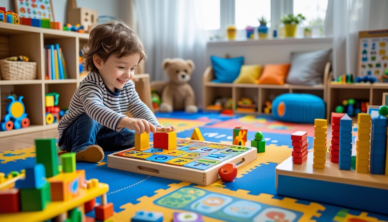 A young child playing with educational toys in a bright, organised playroom while a parent watches nearby.