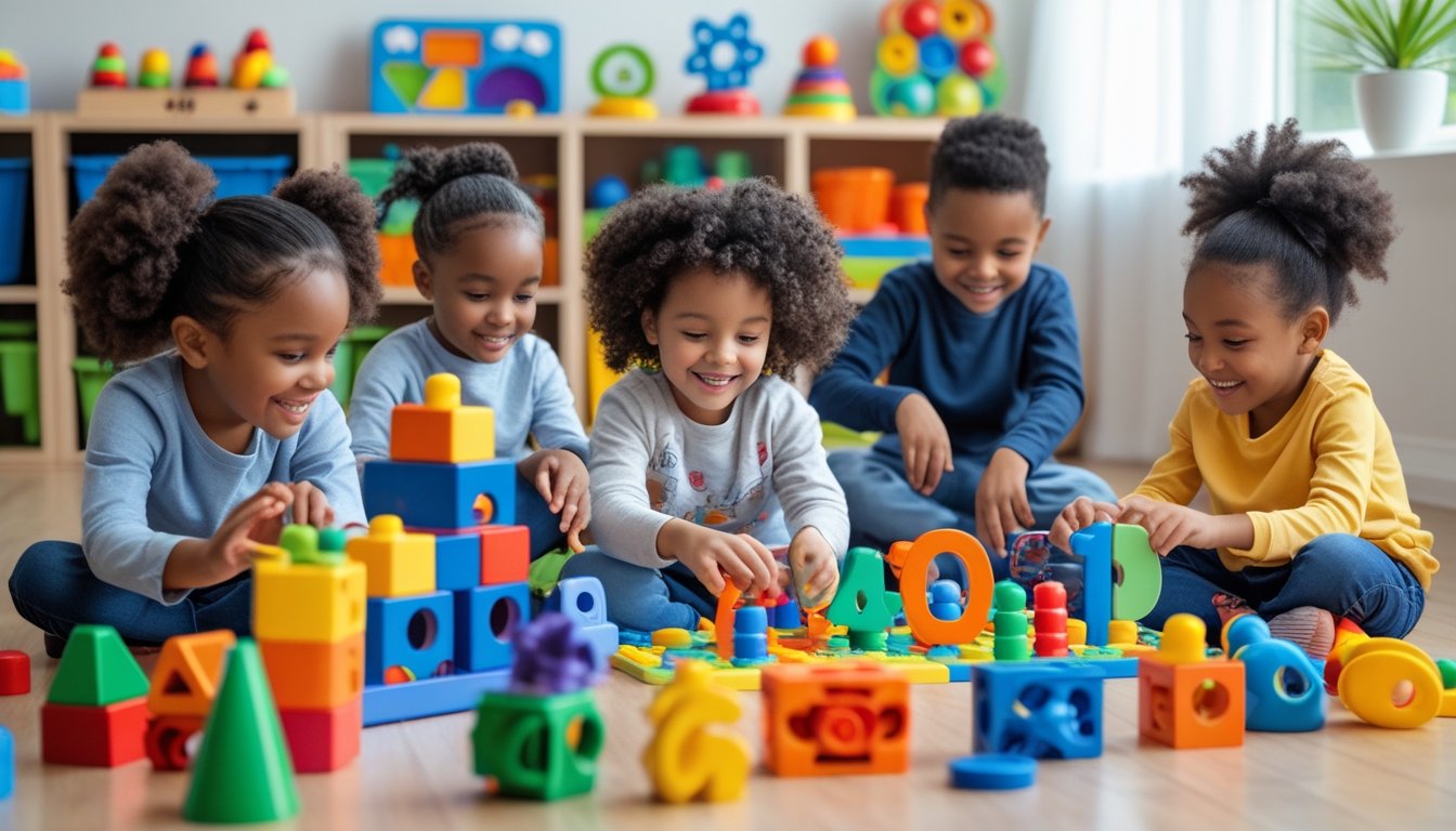 Children playing with a variety of educational toys in a bright playroom, including building blocks, puzzles, and alphabet toys, showing different types of learning activities.