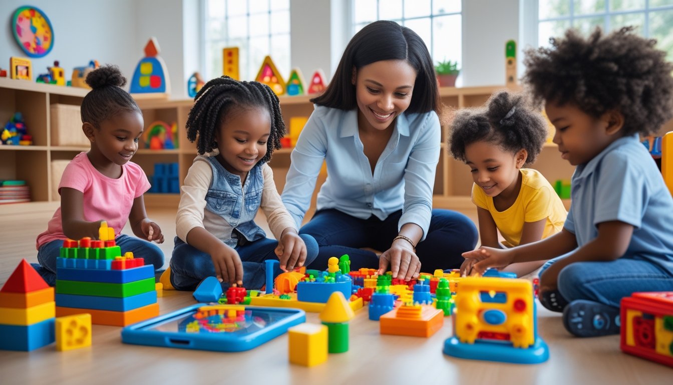 Children playing with educational toys in a bright playroom while an adult helps them choose appropriate toys.