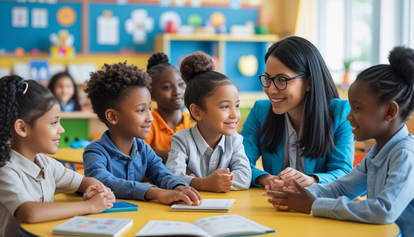 Children and teachers interacting supportively in a bright classroom, showing a calm and encouraging environment during school transitions.
