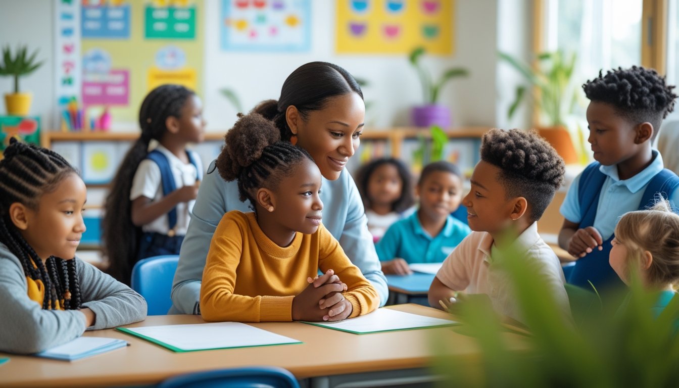 A teacher gently talking to a child in a bright classroom while other children play calmly in the background.