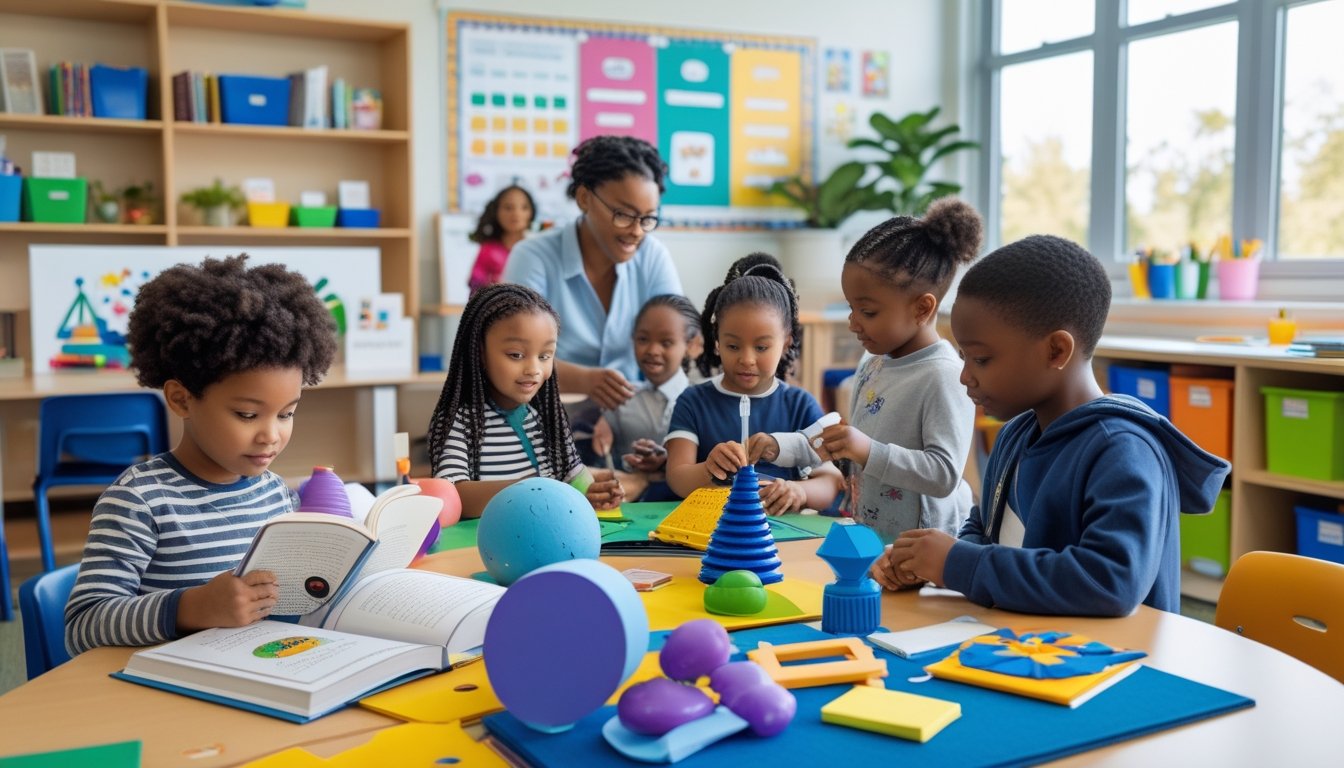 A group of young children engaged in different learning activities in a bright classroom, with a teacher guiding some of them.