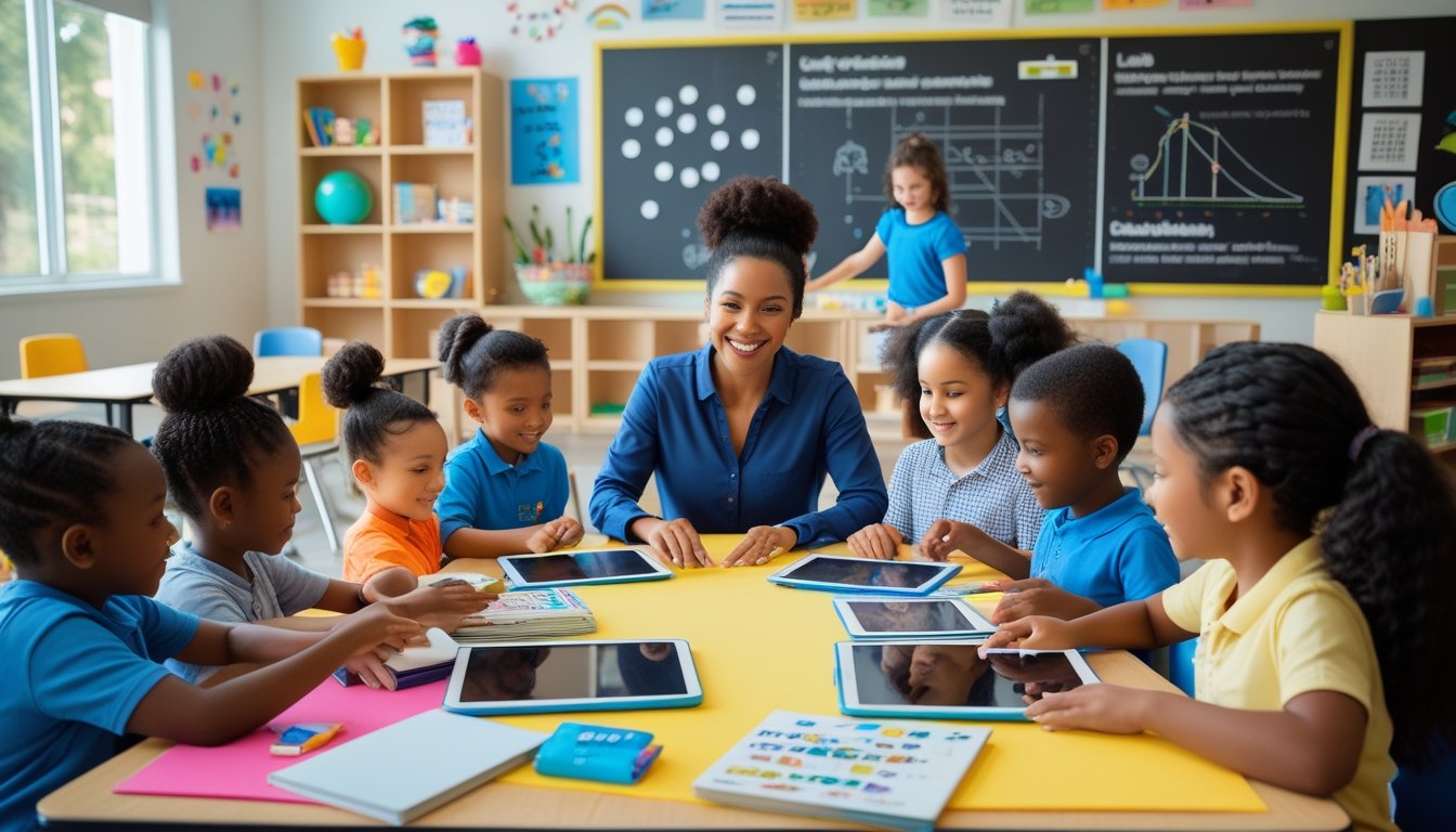 Children and an educator sitting around a table in a bright classroom, engaging with educational materials and collaborating together.