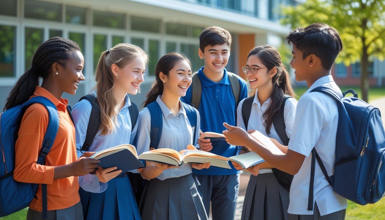 A group of diverse school students smiling and interacting outdoors near a school building, exchanging books and working together.