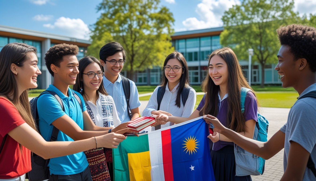 A diverse group of students happily interacting outdoors on a school campus, exchanging cultural items and smiling.
