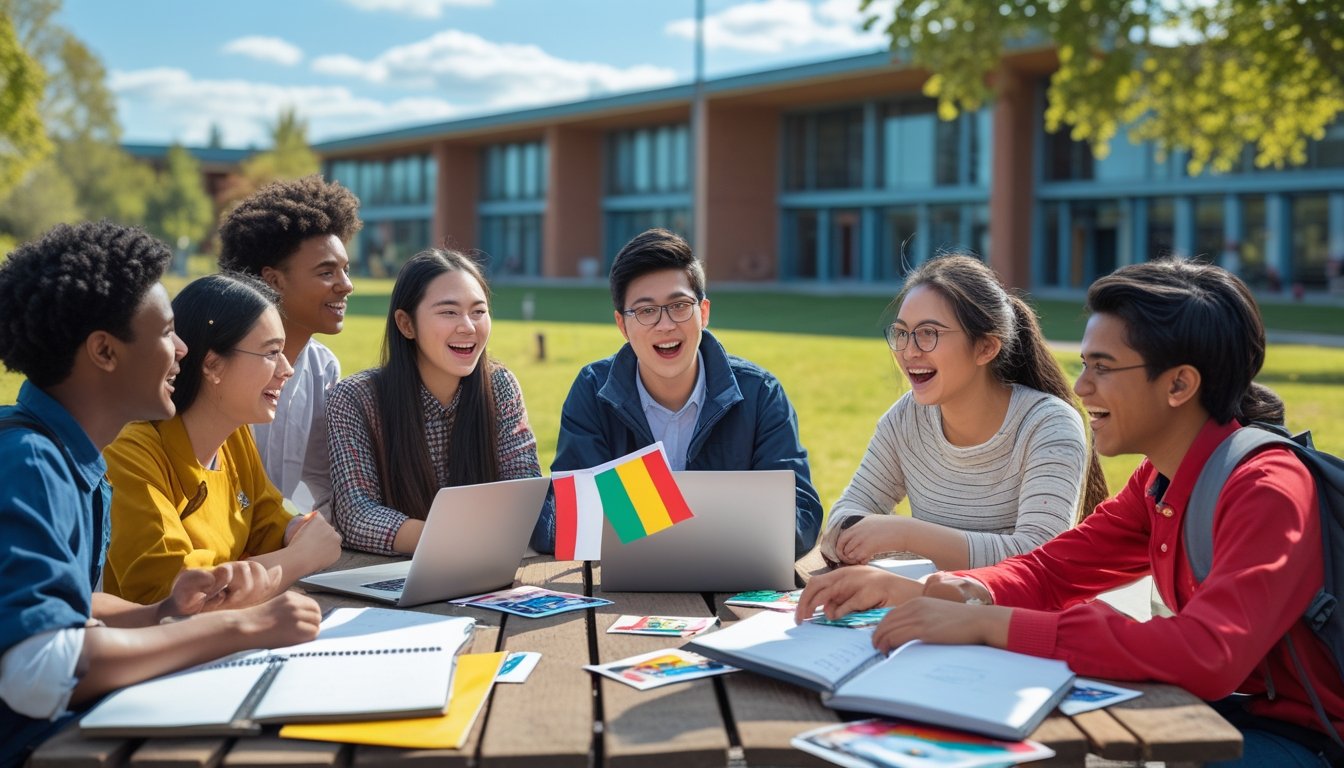 A group of diverse students talking and studying together outdoors near a school building.