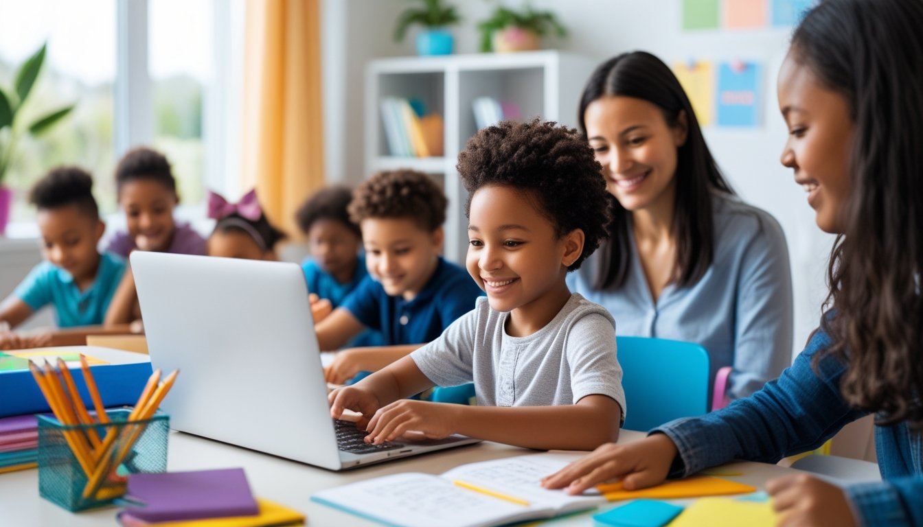 A child using a laptop for virtual learning at home with a parent supporting nearby.