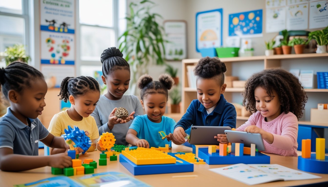 Children engaged in hands-on learning activities in a bright classroom with a teacher guiding them.
