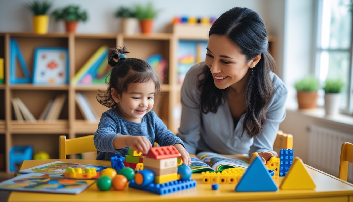A young child exploring educational toys at a table while an adult encourages and supports them in a bright, organised room.