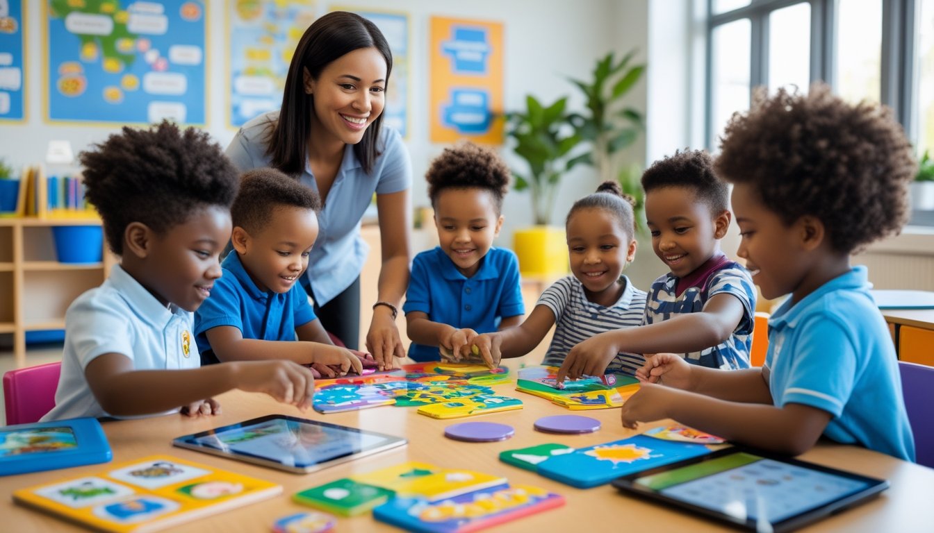 Children and a teacher actively engaged in a learning activity around a table in a bright classroom.