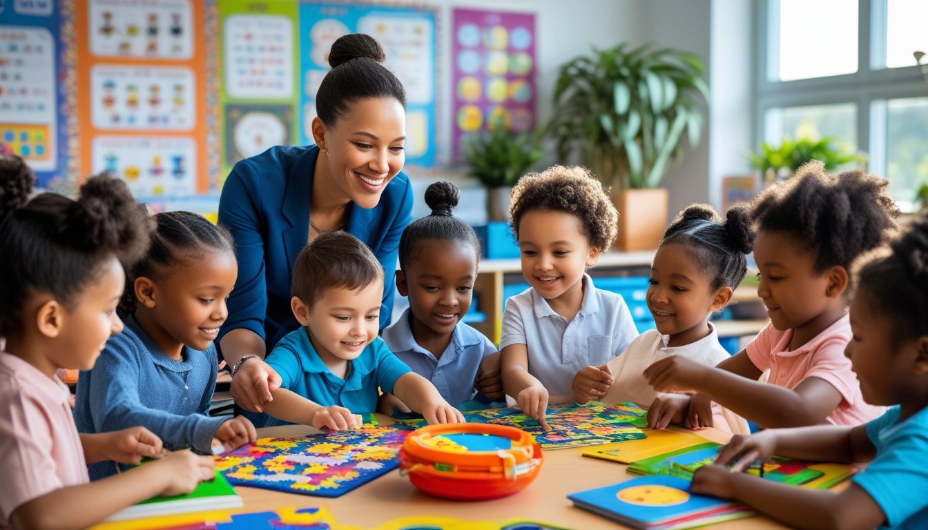 A group of young children actively engaged in a learning activity with a teacher in a bright classroom.