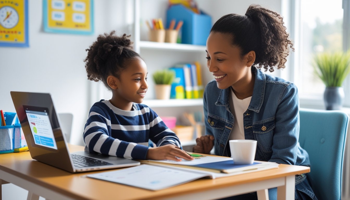 A parent and child working together at a desk with a laptop in a well-lit room, surrounded by books and school supplies.