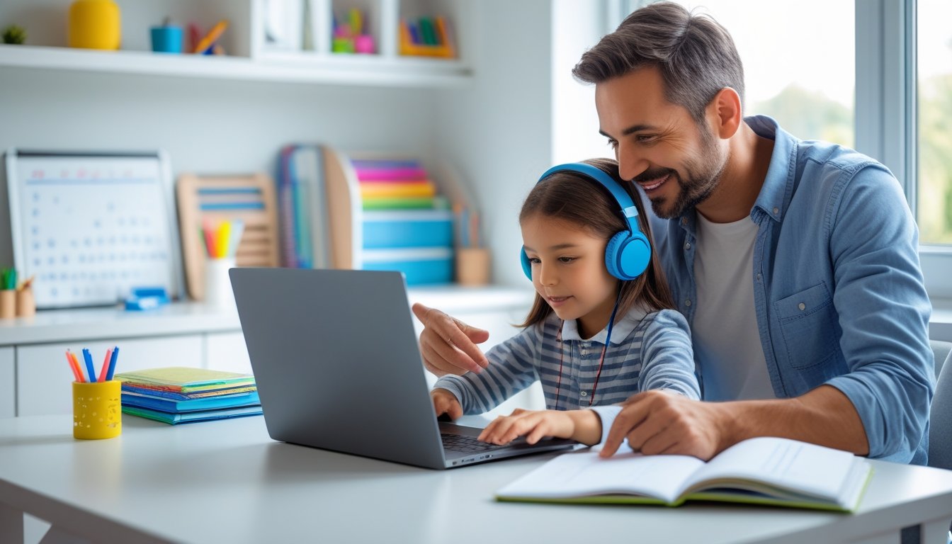 A parent helping a child with remote learning at a desk in a bright room with a laptop and educational materials.