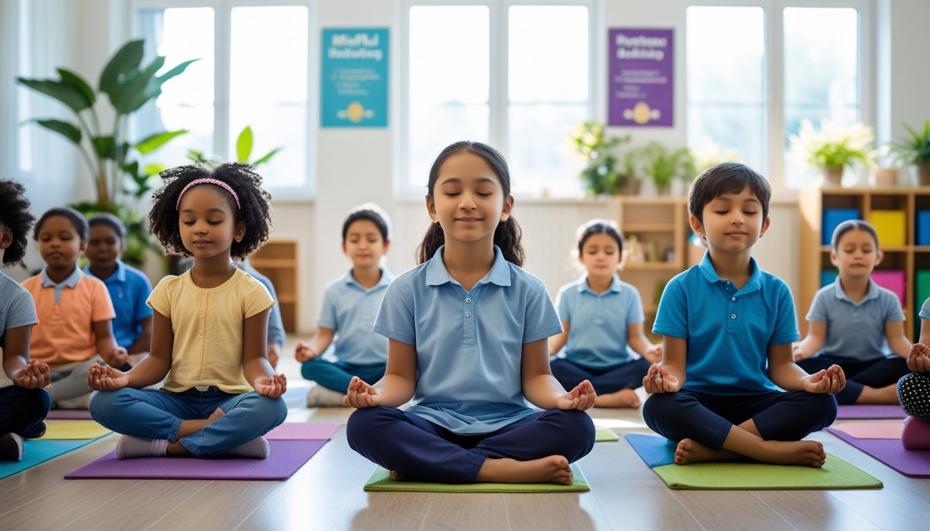 A group of young children sitting calmly in a classroom, meditating with a teacher guiding them.