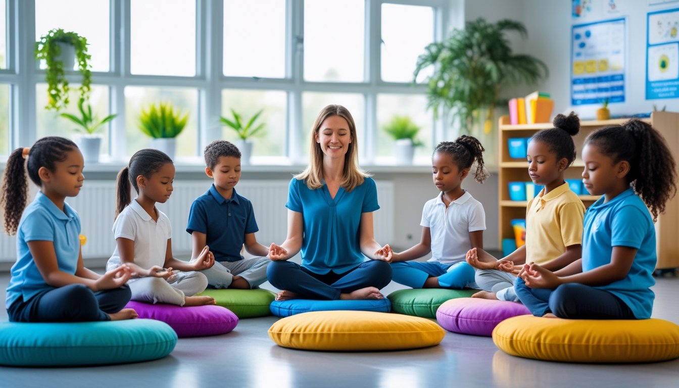 Children sitting in a circle in a bright classroom, practising mindfulness with a teacher guiding them.