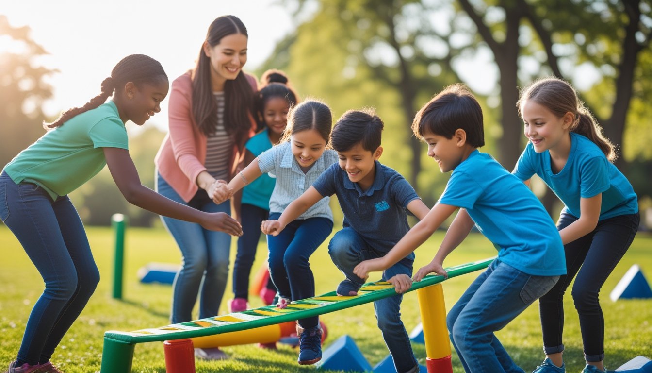 Children climbing a low obstacle course outdoors with adults encouraging them in a park setting.