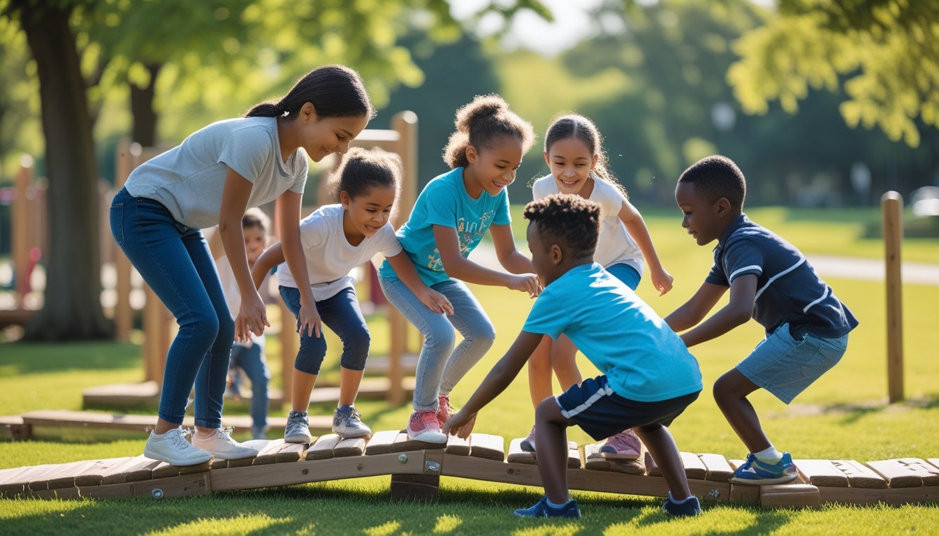Children climbing an obstacle course outdoors with an adult encouraging them.