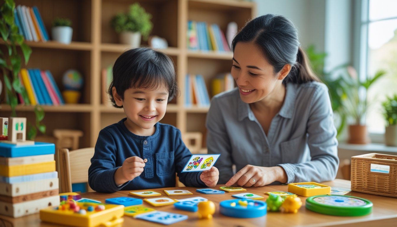 A young child playing with educational memory games at a table, guided by a smiling adult in a bright, organised room.