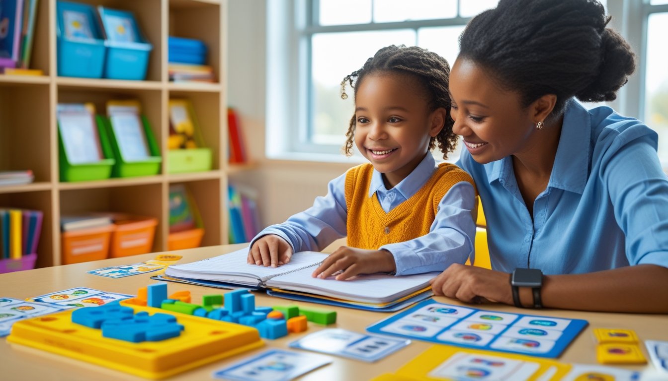 A young child sitting at a desk with educational materials, being guided by an adult in a bright classroom.