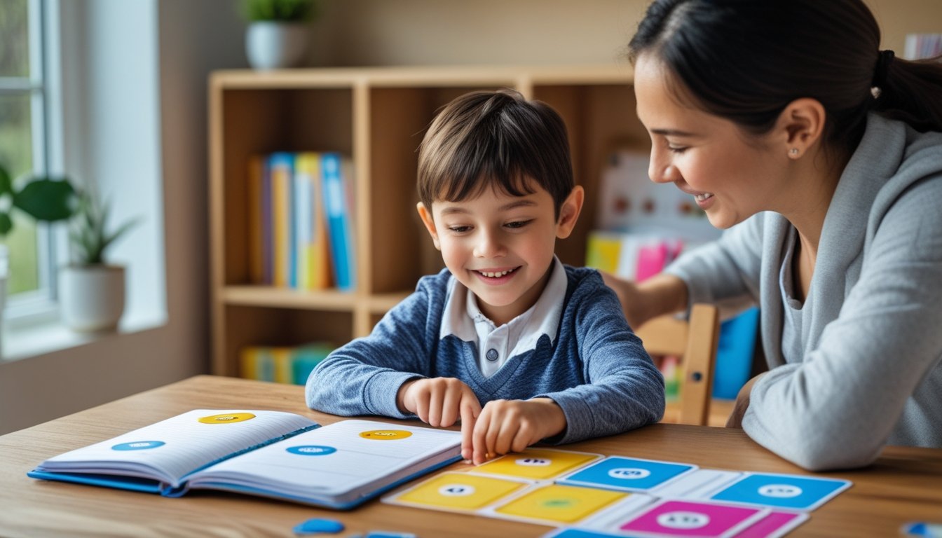A young child studying at a desk with educational materials while a parent guides them in a bright room.