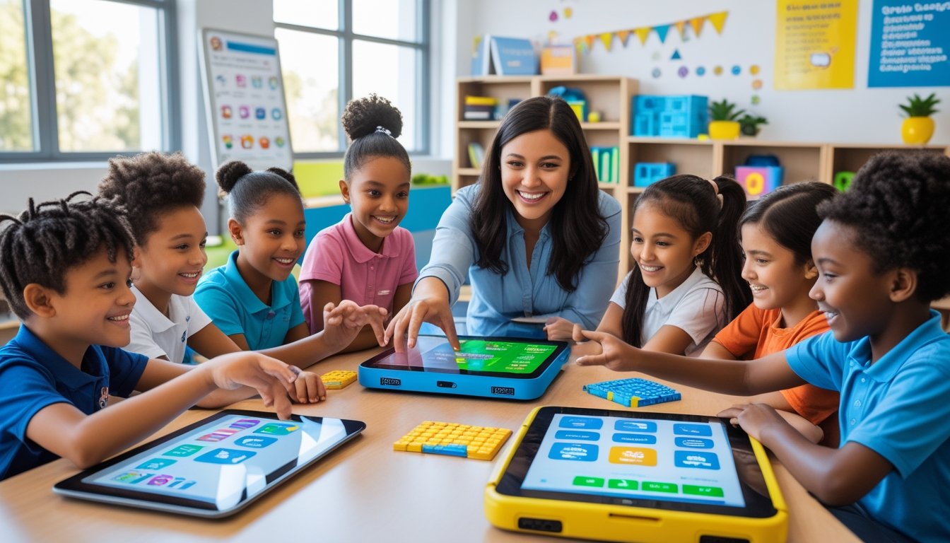 Young children working together with tablets and coding robots in a classroom, guided by a teacher.