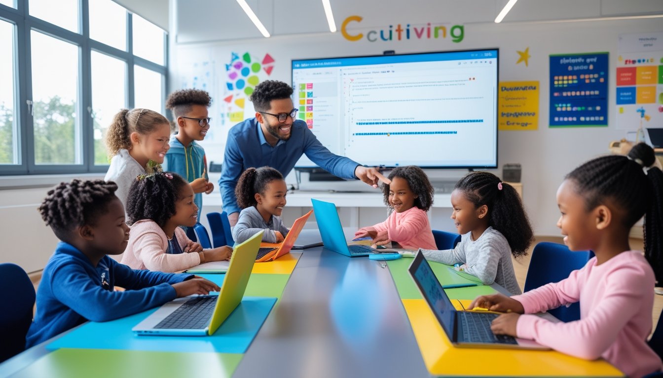 Young children in a classroom using laptops and tablets to learn coding with a teacher guiding them.