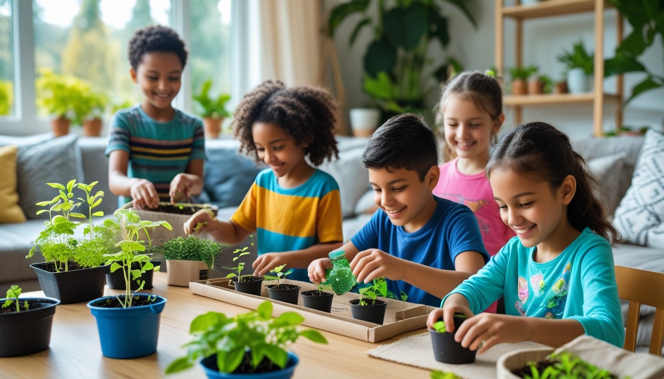 Children engaged in eco-friendly activities at home, planting seedlings and making crafts from recycled materials in a bright living room.