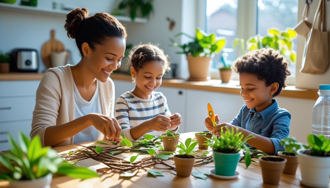 A parent and two children working together on an eco-friendly craft project at a table in a bright home, surrounded by plants and natural materials.