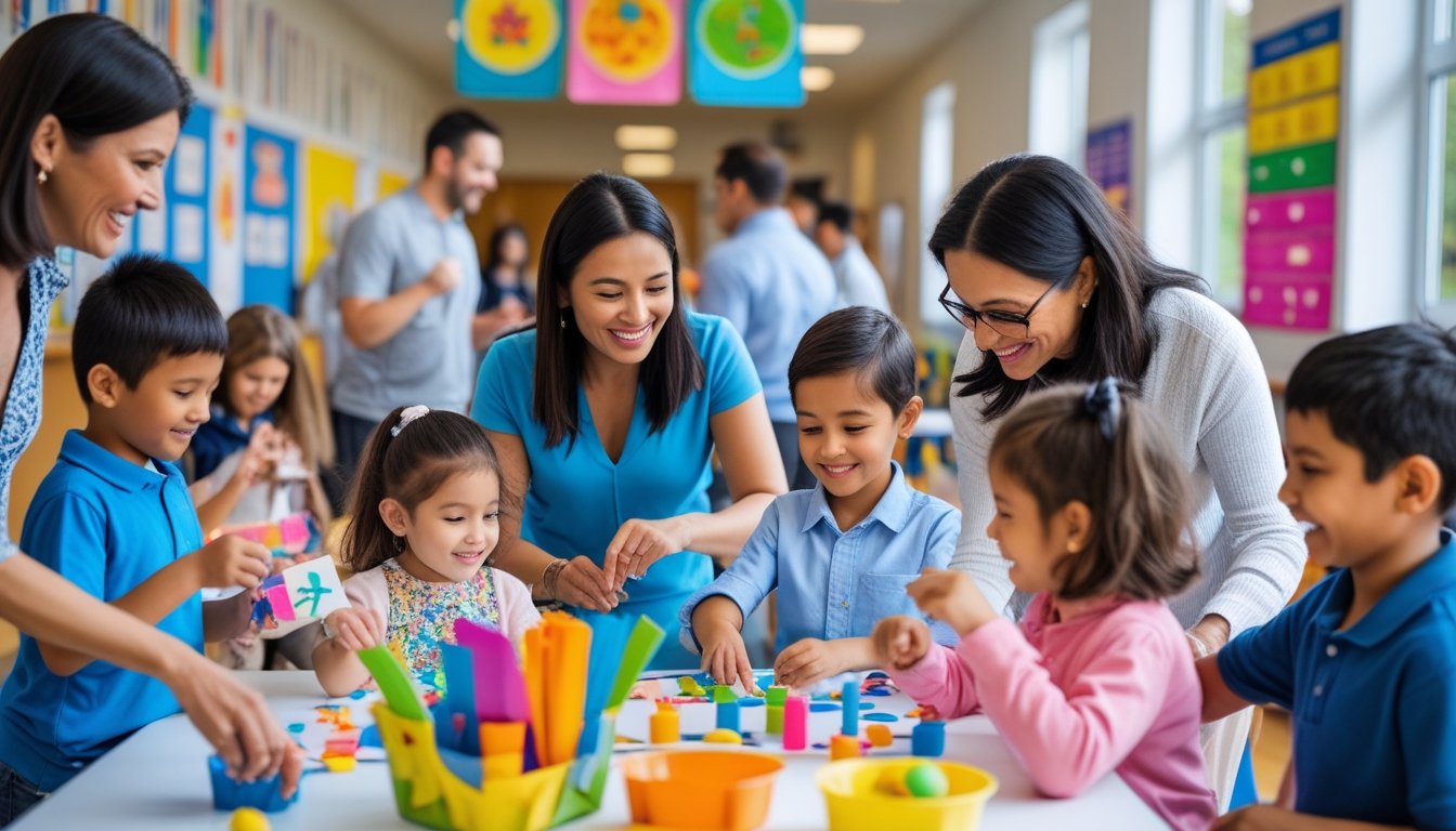 Families and teachers engaging together in a lively school event with children participating in activities.