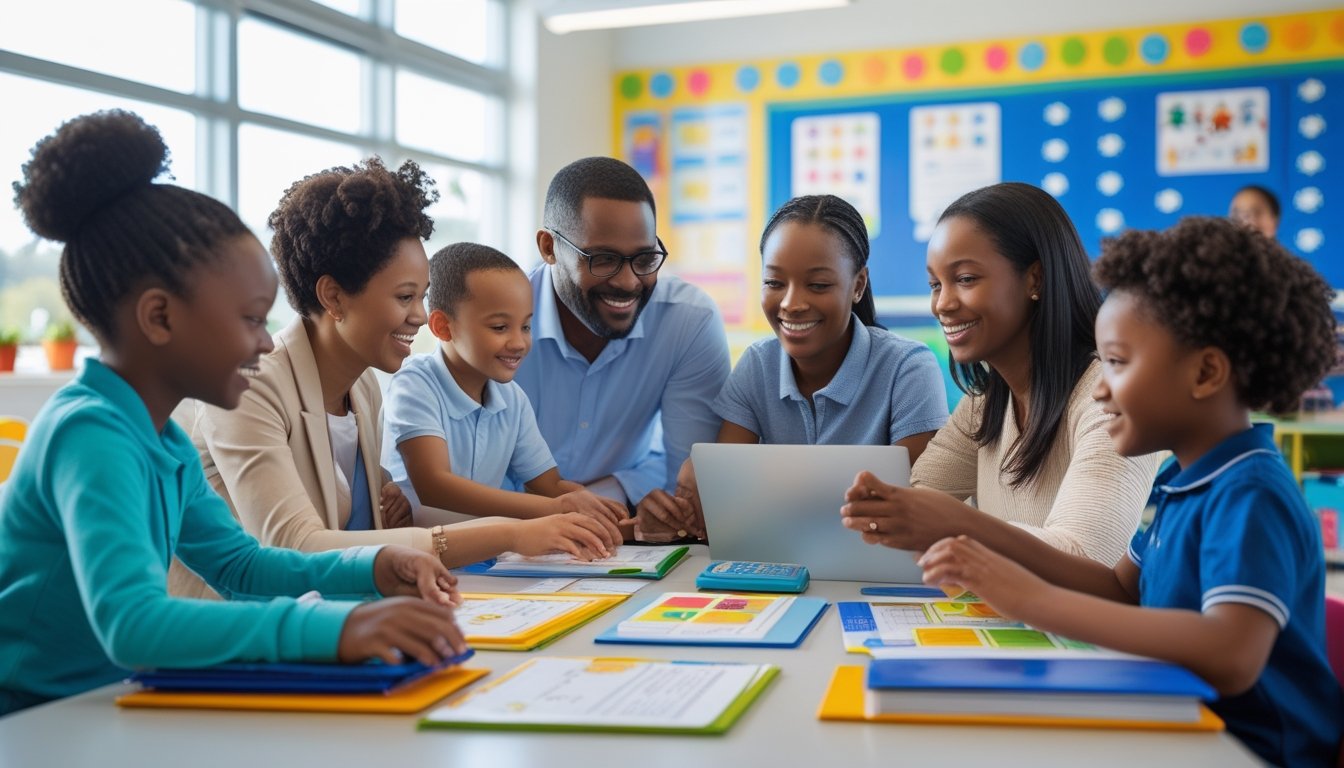 Parents and children participating together in a school activity with teachers in a bright classroom.