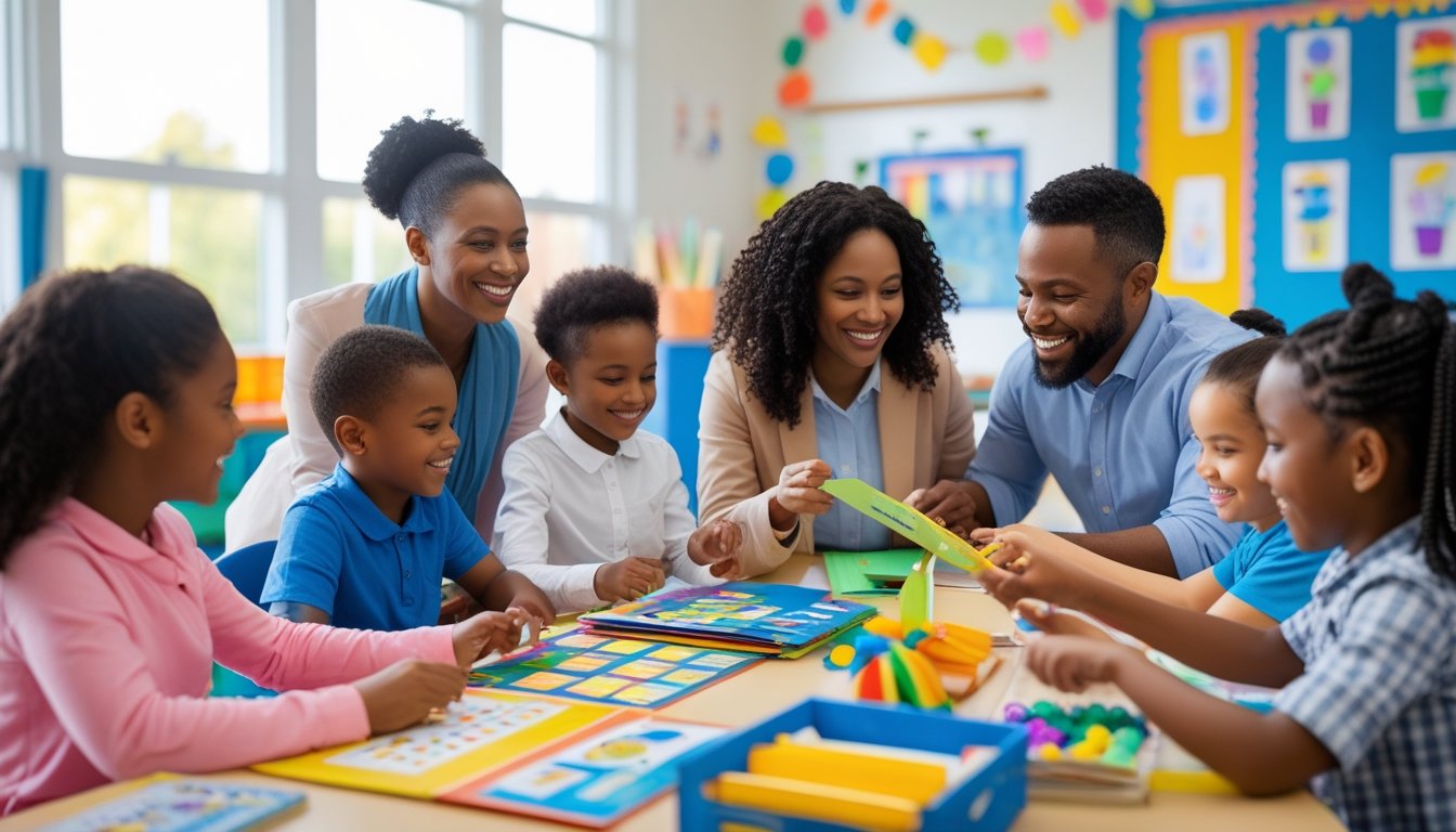 Parents and children engaging together in a school activity inside a bright classroom with teachers and educational materials.
