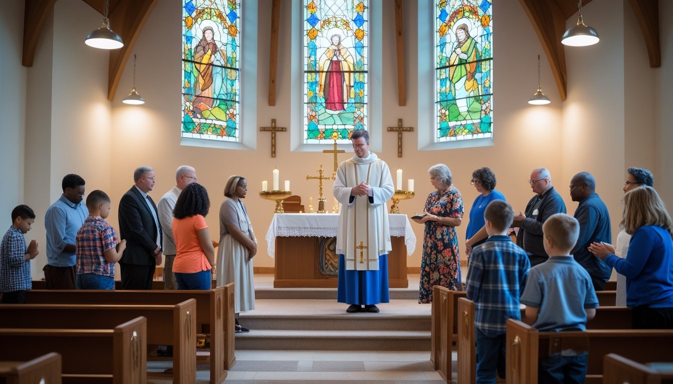 A group of people in a church learning about Christian sacraments with a priest, surrounded by religious symbols like a baptismal font, chalice, Bible, and lit candle.