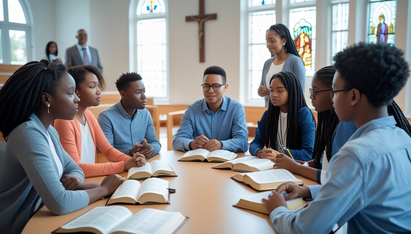 A group of people sitting around a table in a bright room, studying and discussing Christian sacraments with Bibles and notebooks.