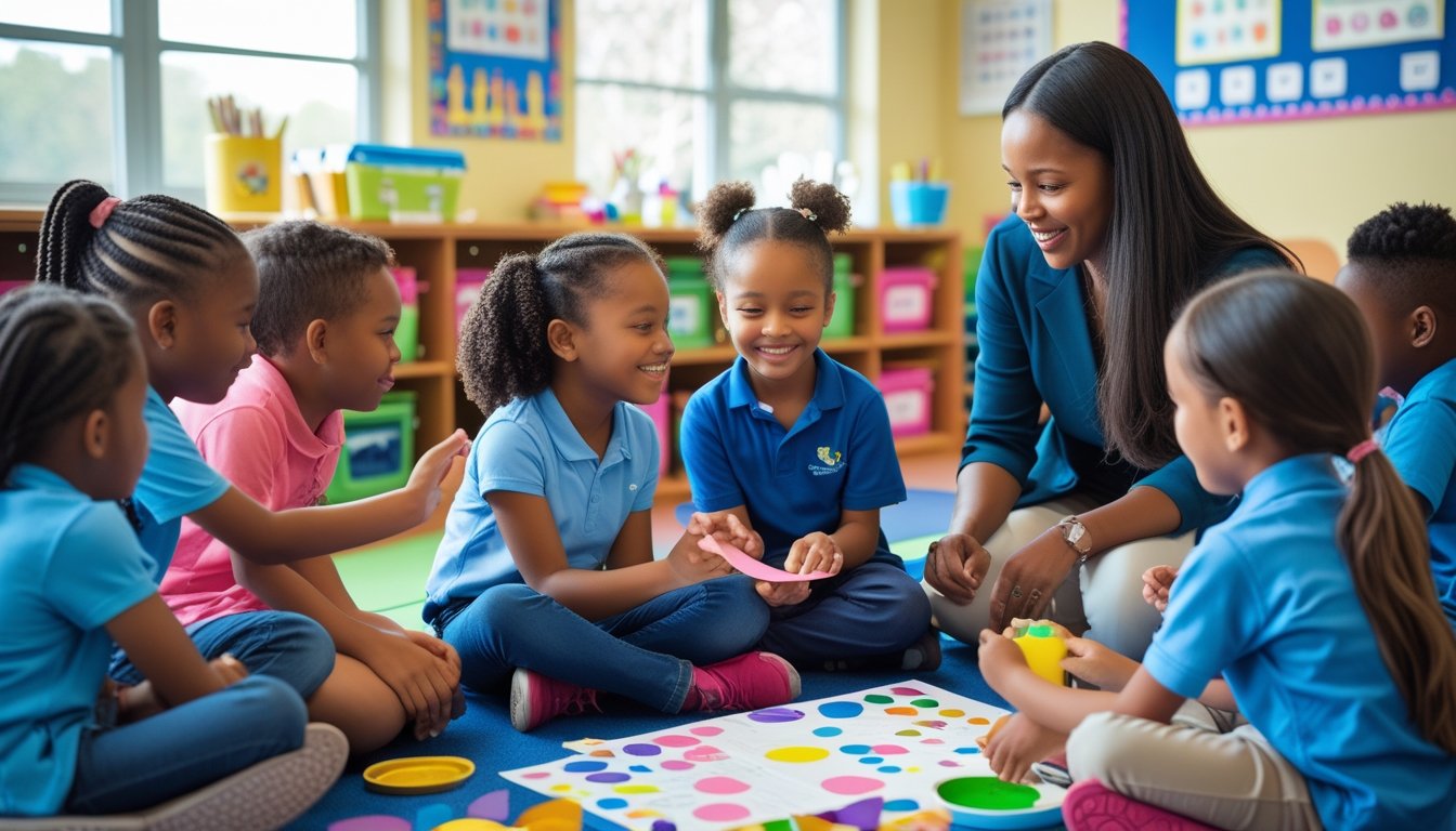 Children and a teacher in a classroom engaged in group activities that encourage emotional growth, with children sharing and working together.
