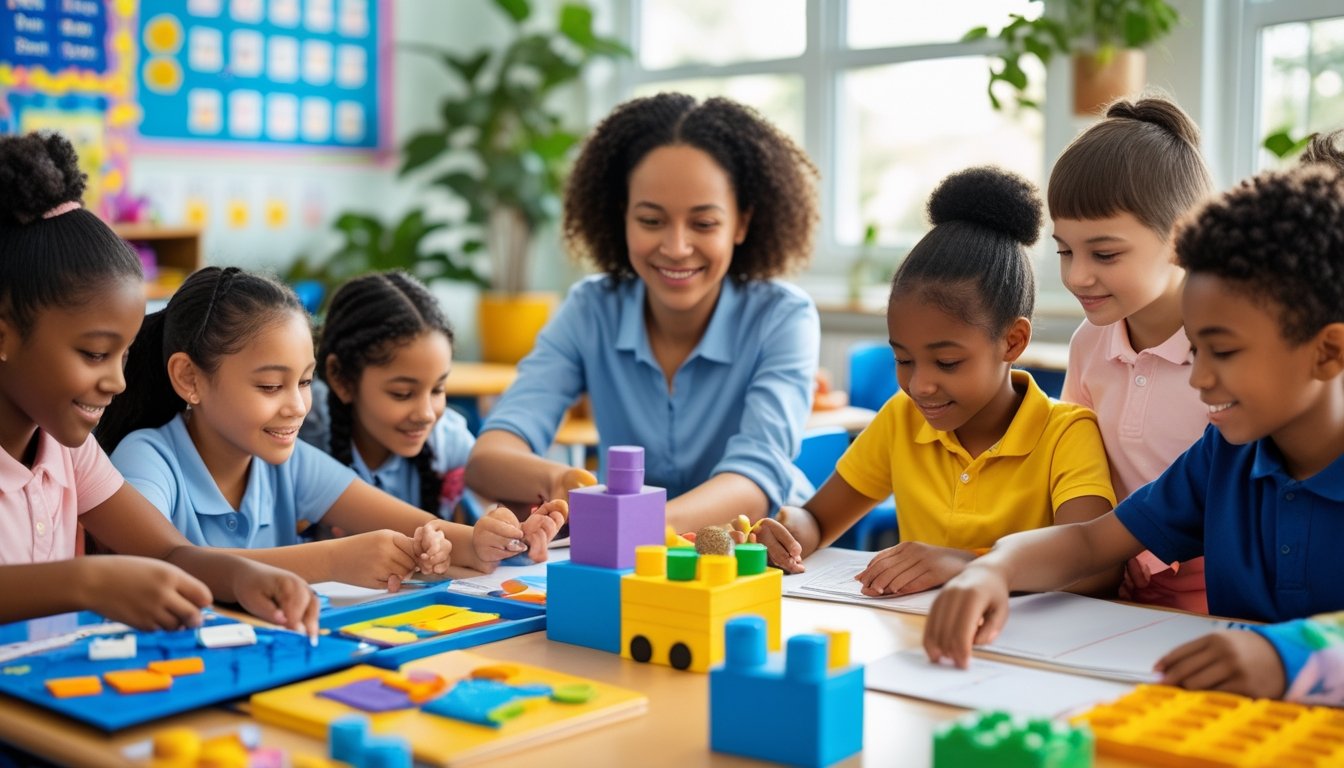 Children working together on creative activities in a bright classroom with a teacher guiding them.
