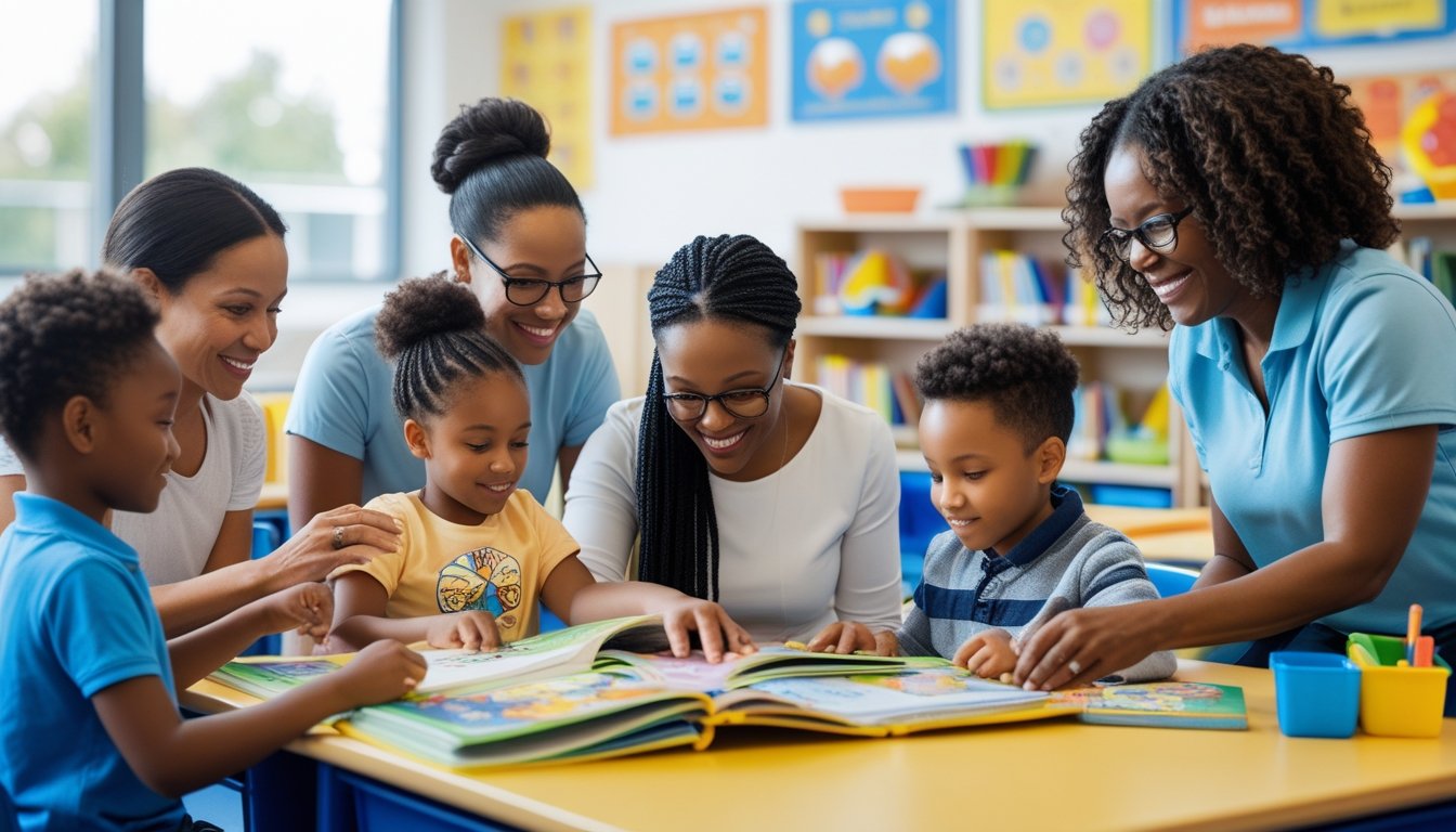 A group of parents helping children with reading and school activities in a classroom setting.