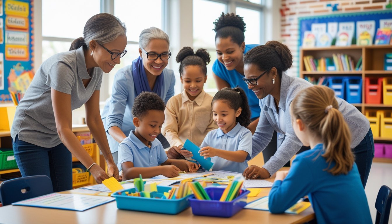 A group of parent volunteers helping children and teachers in a bright school classroom.
