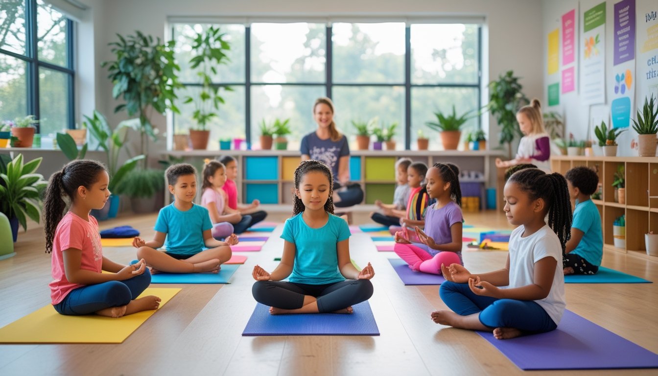 Children sitting in a circle on colourful mats in a bright classroom, engaged in drawing, painting, yoga, and breathing exercises led by an adult.