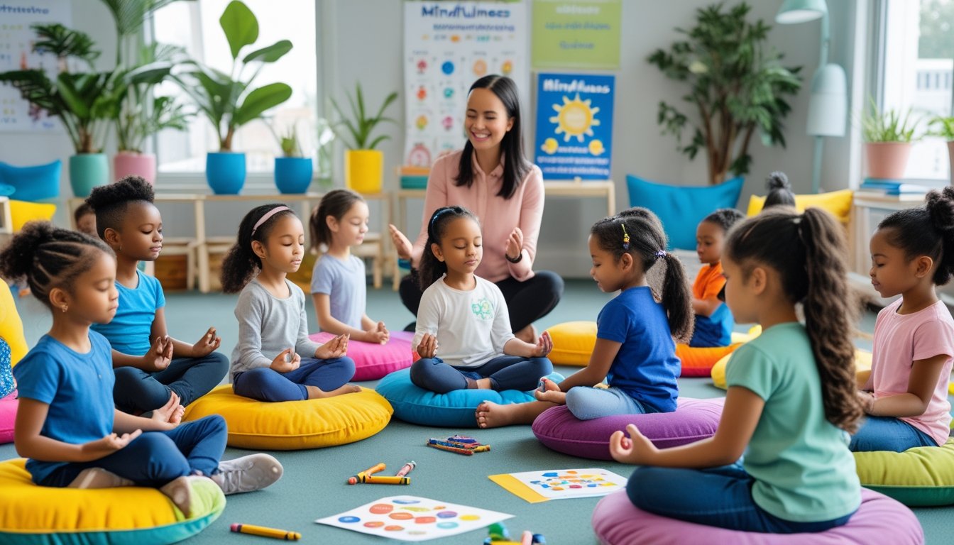 A group of young children sitting in a circle with a teacher, practicing mindfulness activities in a bright classroom.