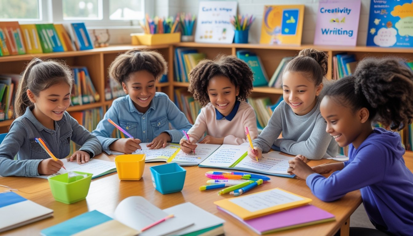 Children writing and drawing at a table in a classroom with a teacher helping them.