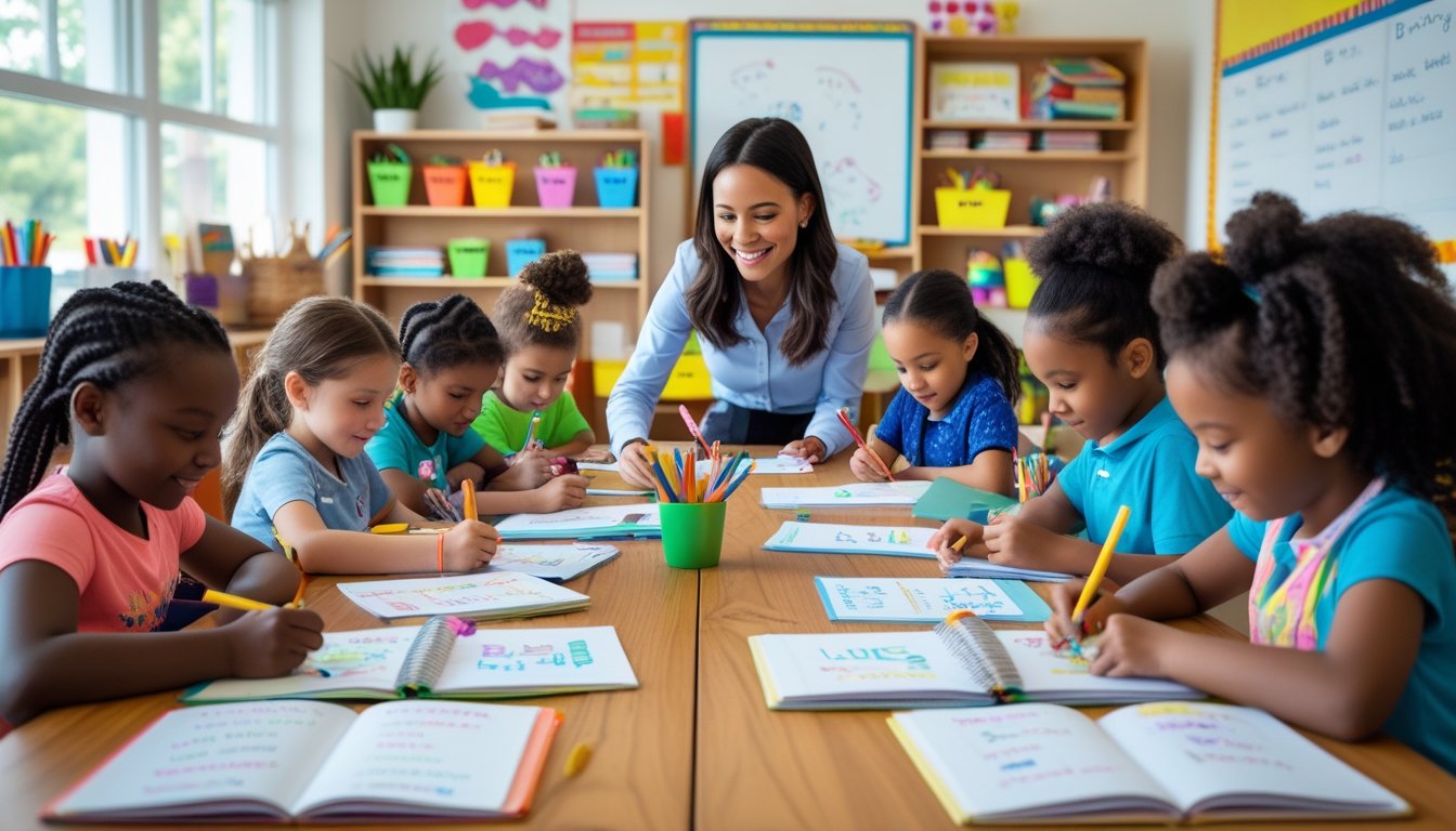 Children writing and drawing at a table in a classroom with a teacher helping them.