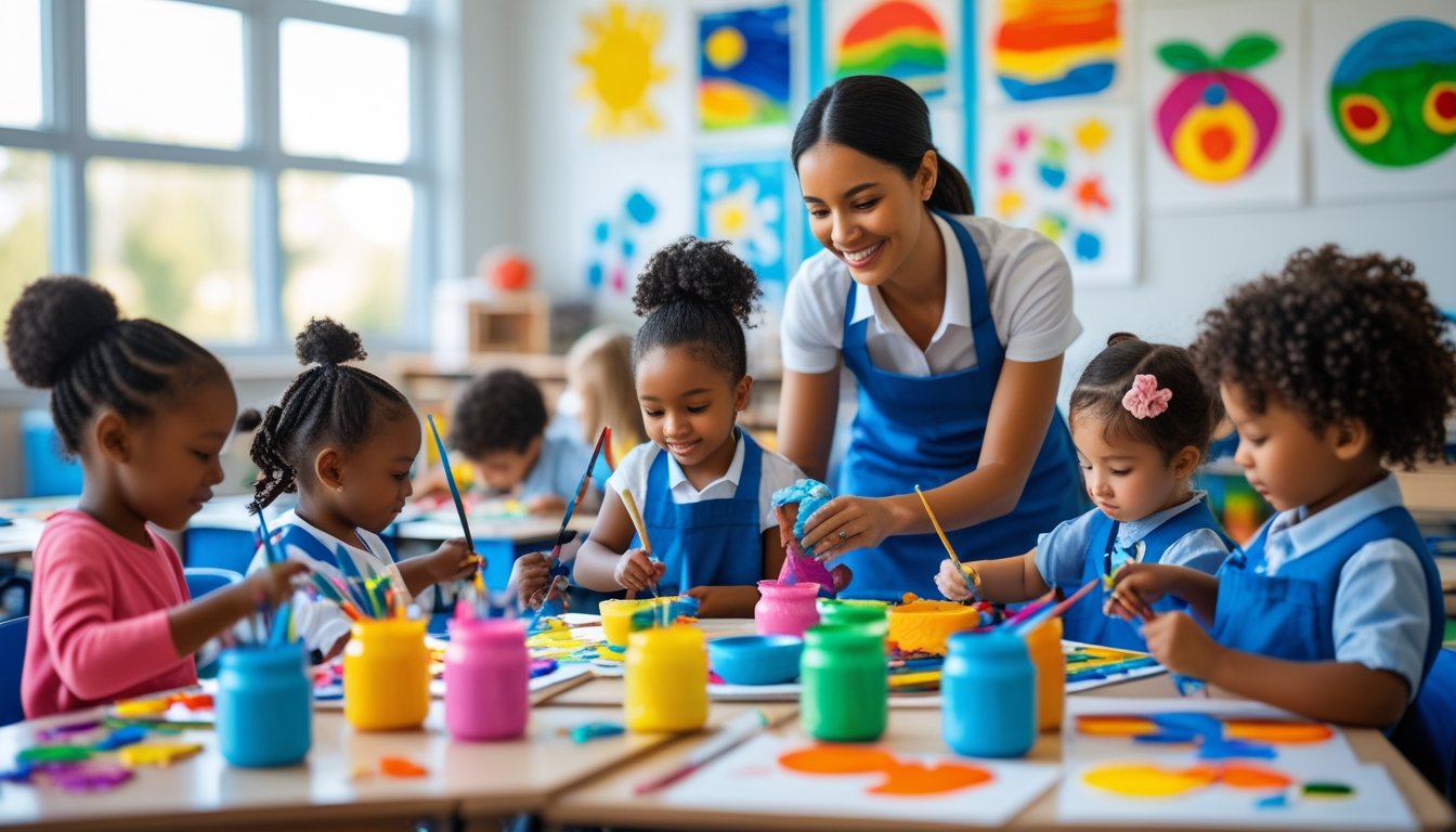 Children in a classroom creating art with paint, crayons, and clay while a teacher supports them.