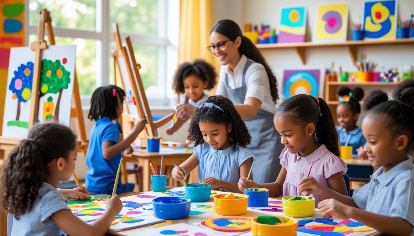 Children in a classroom creating art with paints and clay, guided by a teacher.