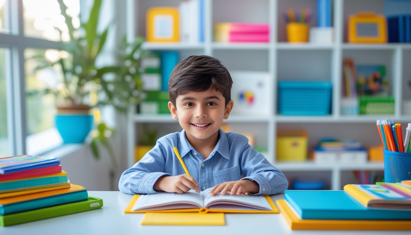 A young child studying at a desk with books, a tablet, and colourful learning materials in a bright, organised room with natural light and plants.
