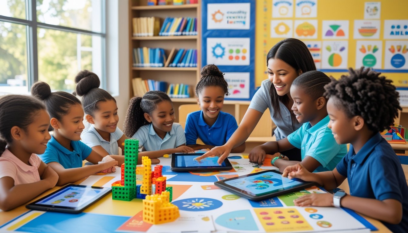 Children and a teacher working together with tablets and learning materials around a table in a bright classroom.