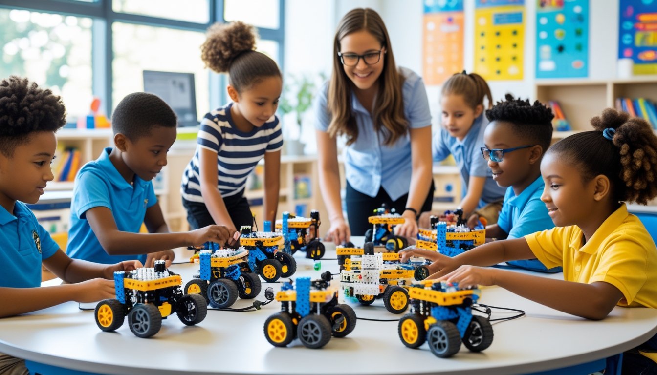Children working together on robotics kits in a bright classroom with a teacher supervising.