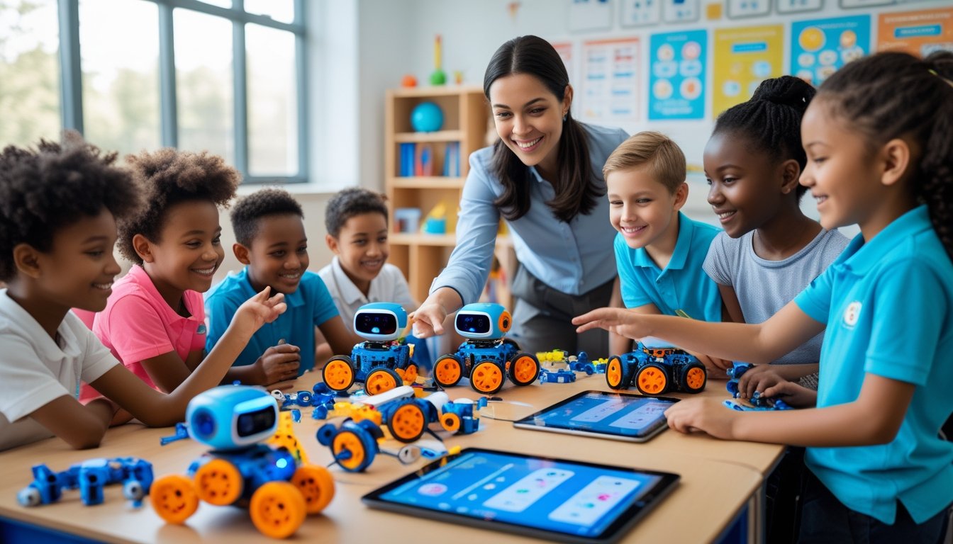 Children working together with robots and tablets in a classroom while a teacher guides them.