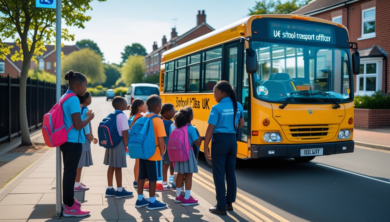 Children waiting at a UK school bus stop with a yellow school bus and a transport officer on a suburban street.