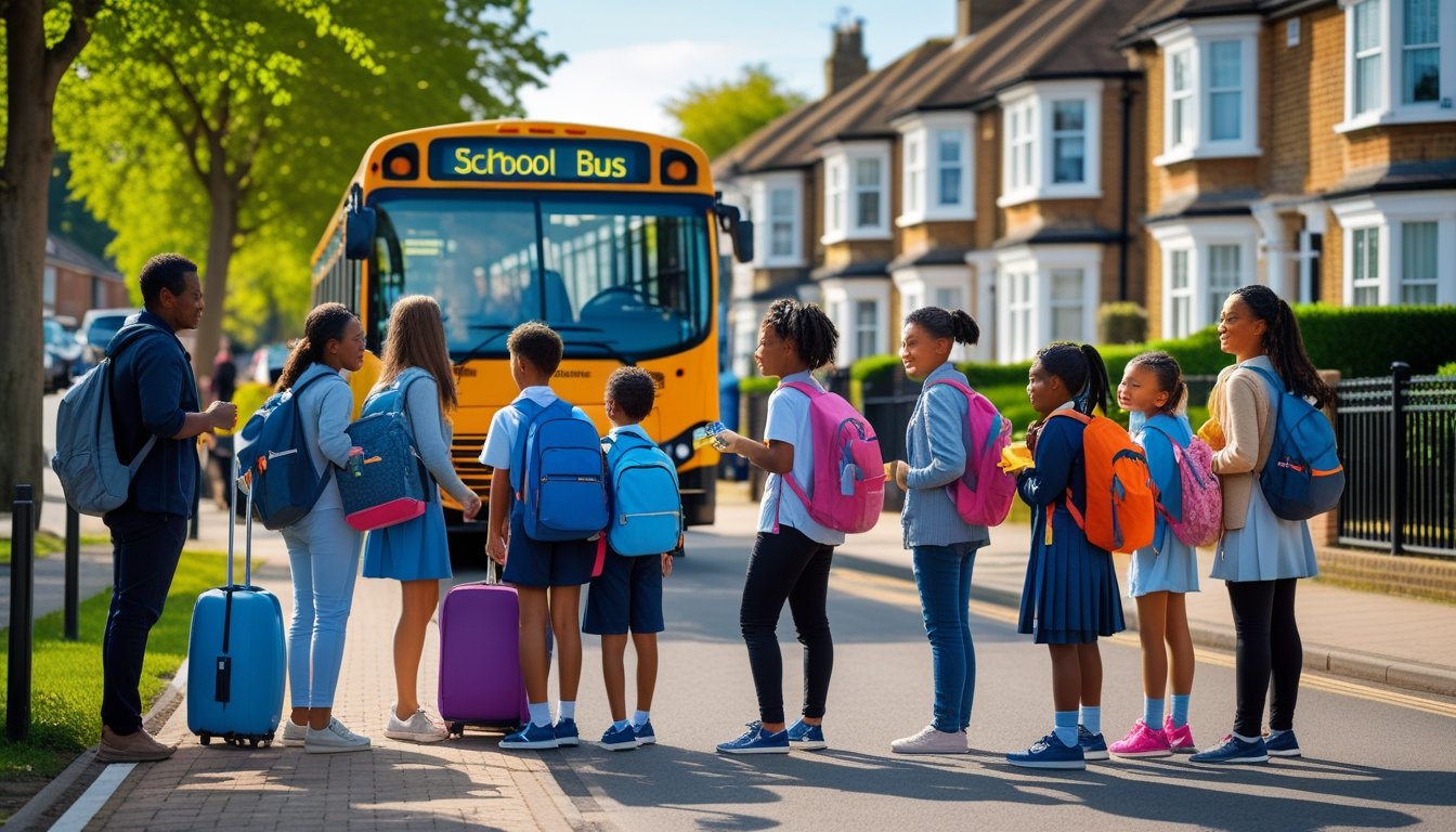 Parents and school children waiting at a bus stop with a yellow school bus arriving in a UK suburban neighbourhood.