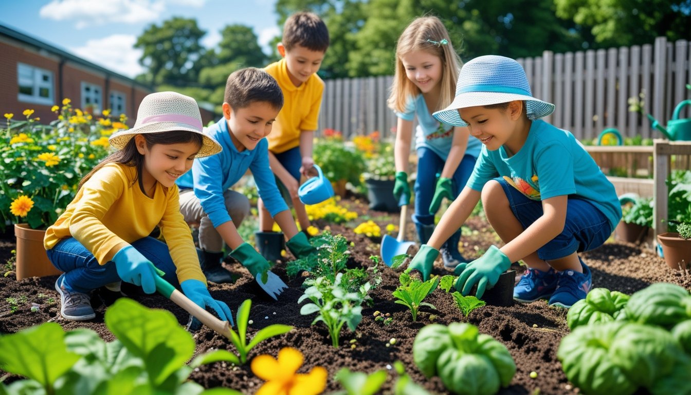 Children gardening together outdoors, planting and watering plants in a school garden.
